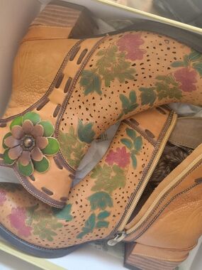Women's Floral Embossed Tan Leather Heeled Boots - Green Pink Accents